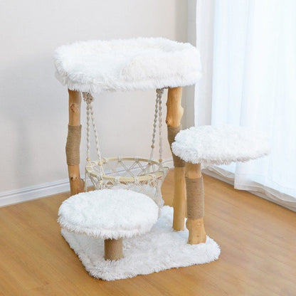 Contemporary Scandinavian Rectangular Particleboard Natural Fruitwood Hemp Rope Velvet Fabric Cat Tree 3-Tier For Living Room