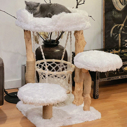 Contemporary Scandinavian Rectangular Particleboard Natural Fruitwood Hemp Rope Velvet Fabric Cat Tree 3-Tier For Living Room
