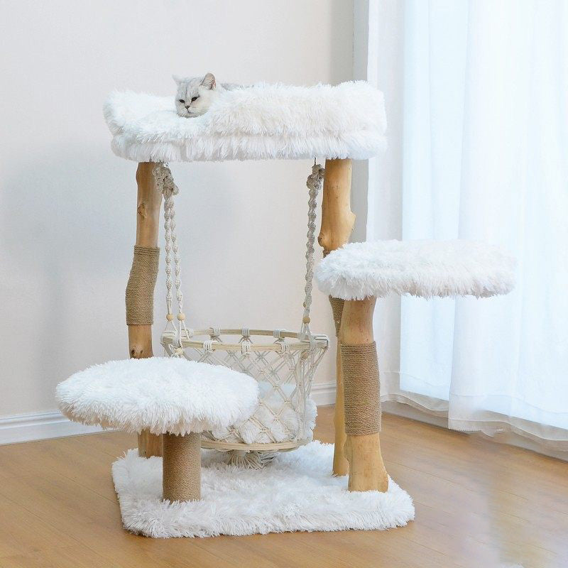 Contemporary Scandinavian Rectangular Particleboard Natural Fruitwood Hemp Rope Velvet Fabric Cat Tree 3-Tier For Living Room
