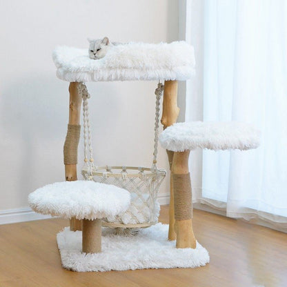 Contemporary Scandinavian Rectangular Particleboard Natural Fruitwood Hemp Rope Velvet Fabric Cat Tree 3-Tier For Living Room