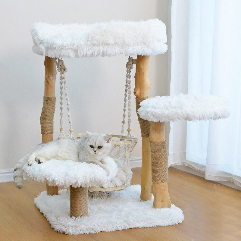 Contemporary Scandinavian Rectangular Particleboard Natural Fruitwood Hemp Rope Velvet Fabric Cat Tree 3-Tier For Living Room