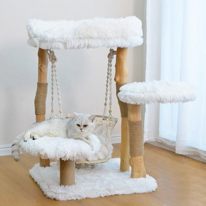 Contemporary Scandinavian Rectangular Particleboard Natural Fruitwood Hemp Rope Velvet Fabric Cat Tree 3-Tier For Living Room