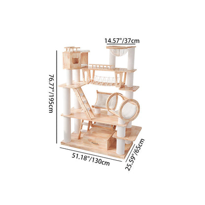Contemporary Scandinavian Rectangular Solid Wood Panel Multi-Layer Solid Wood Panel Paper Tube Paper Rope Velvet Fabric Acrylic Large Cat Tree 6-Tier For Living Room
