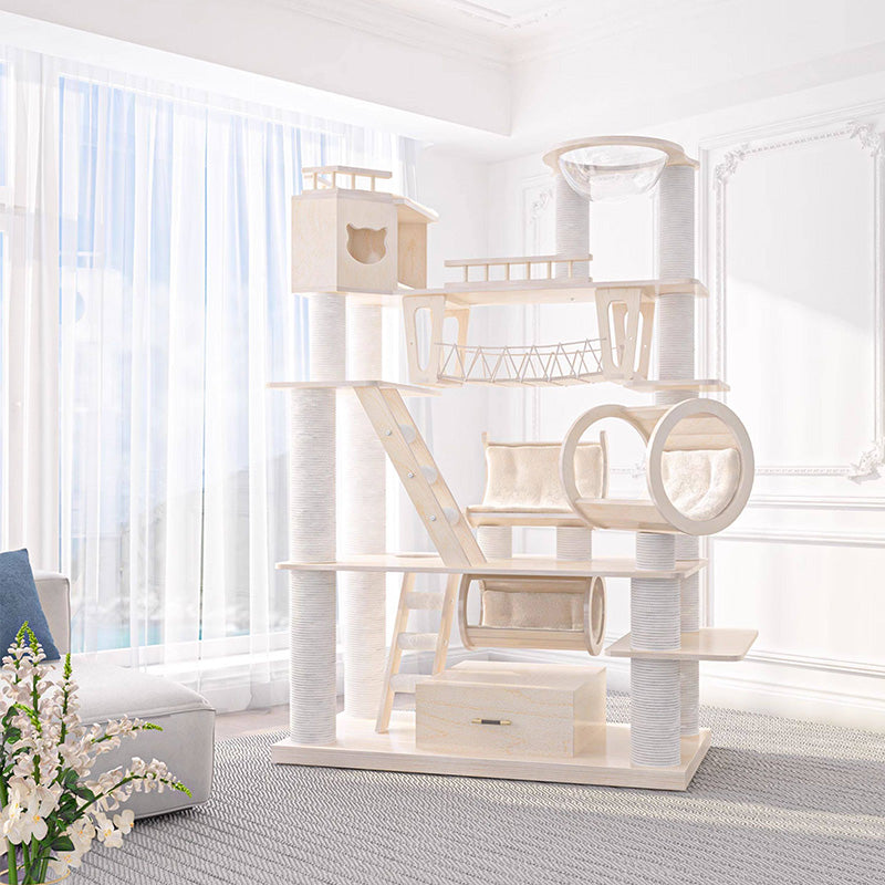 Contemporary Scandinavian Rectangular Solid Wood Panel Multi-Layer Solid Wood Panel Paper Tube Paper Rope Velvet Fabric Acrylic Large Cat Tree 6-Tier For Living Room