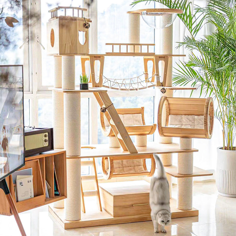 Contemporary Scandinavian Rectangular Solid Wood Panel Multi-Layer Solid Wood Panel Paper Tube Paper Rope Velvet Fabric Acrylic Large Cat Tree 6-Tier For Living Room