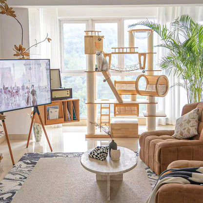 Contemporary Scandinavian Rectangular Solid Wood Panel Multi-Layer Solid Wood Panel Paper Tube Paper Rope Velvet Fabric Acrylic Large Cat Tree 6-Tier For Living Room