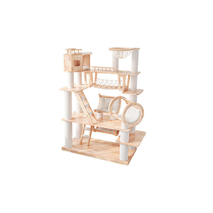 Contemporary Scandinavian Rectangular Solid Wood Panel Multi-Layer Solid Wood Panel Paper Tube Paper Rope Velvet Fabric Acrylic Large Cat Tree 6-Tier For Living Room