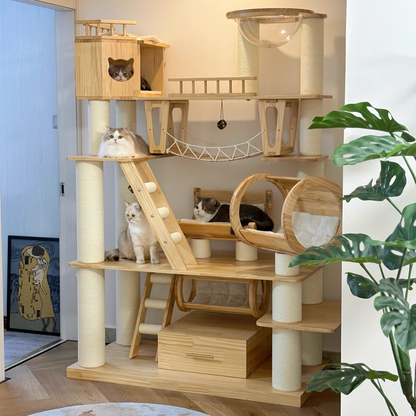 Contemporary Scandinavian Rectangular Solid Wood Panel Multi-Layer Solid Wood Panel Paper Tube Paper Rope Velvet Fabric Acrylic Large Cat Tree 6-Tier For Living Room