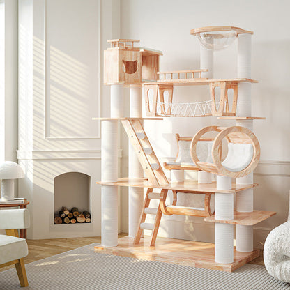 Contemporary Scandinavian Rectangular Solid Wood Panel Multi-Layer Solid Wood Panel Paper Tube Paper Rope Velvet Fabric Acrylic Large Cat Tree 6-Tier For Living Room