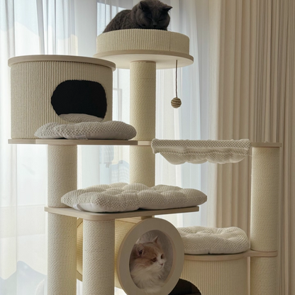 Contemporary Scandinavian Round Plywood Fiberboard Paper Rope Paper Tube Corduroy Cat Tree 7-Tier For Living Room