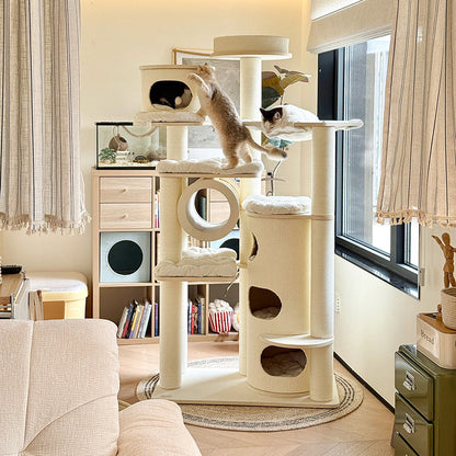 Contemporary Scandinavian Round Plywood Fiberboard Paper Rope Paper Tube Corduroy Cat Tree 7-Tier For Living Room