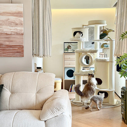 Contemporary Scandinavian Round Plywood Fiberboard Paper Rope Paper Tube Corduroy Cat Tree 7-Tier For Living Room
