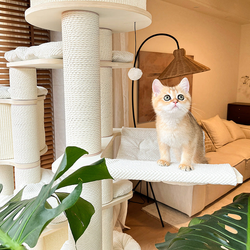 Contemporary Scandinavian Round Plywood Fiberboard Paper Rope Paper Tube Corduroy Cat Tree 7-Tier For Living Room