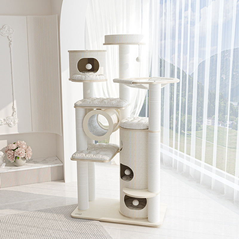 Contemporary Scandinavian Round Plywood Fiberboard Paper Rope Paper Tube Corduroy Cat Tree 7-Tier For Living Room