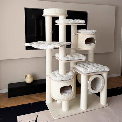 Contemporary Scandinavian Round Plywood Fiberboard Paper Rope Paper Tube Corduroy Cat Tree 7-Tier For Living Room