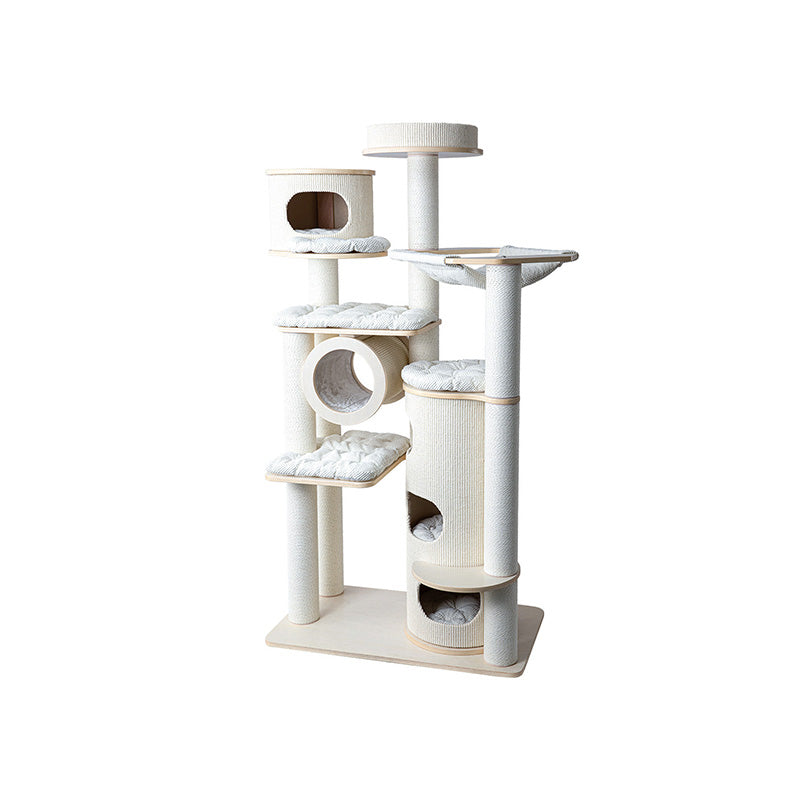 Contemporary Scandinavian Round Plywood Fiberboard Paper Rope Paper Tube Corduroy Cat Tree 7-Tier For Living Room