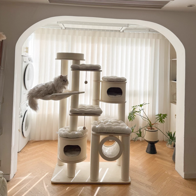 Contemporary Scandinavian Round Plywood Fiberboard Paper Rope Paper Tube Corduroy Cat Tree 7-Tier For Living Room