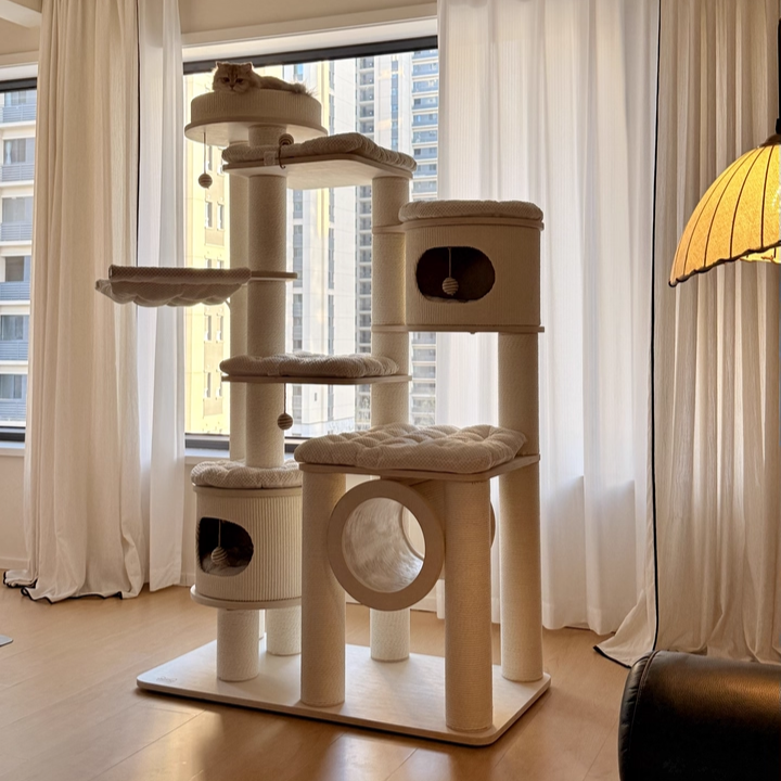 Contemporary Scandinavian Round Plywood Fiberboard Paper Rope Paper Tube Corduroy Cat Tree 7-Tier For Living Room