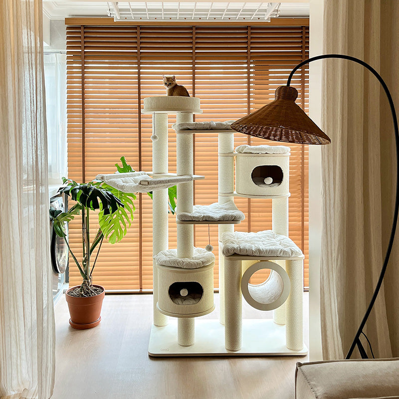 Contemporary Scandinavian Round Plywood Fiberboard Paper Rope Paper Tube Corduroy Cat Tree 7-Tier For Living Room