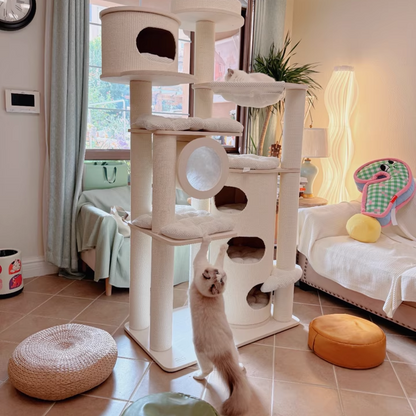 Contemporary Scandinavian Round Plywood Fiberboard Paper Rope Paper Tube Corduroy Cat Tree 7-Tier For Living Room