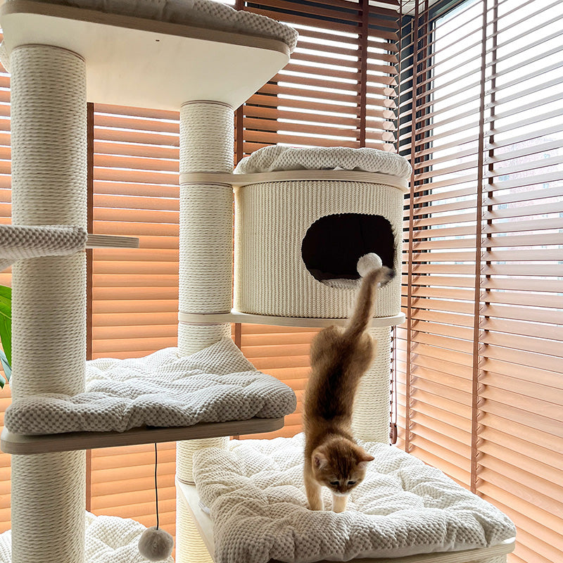 Contemporary Scandinavian Round Plywood Fiberboard Paper Rope Paper Tube Corduroy Cat Tree 7-Tier For Living Room