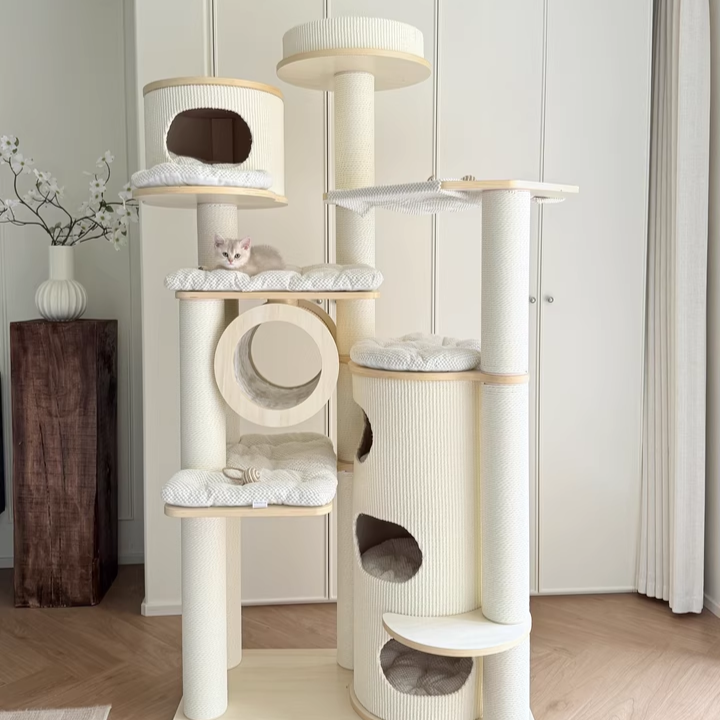 Contemporary Scandinavian Round Plywood Fiberboard Paper Rope Paper Tube Corduroy Cat Tree 7-Tier For Living Room