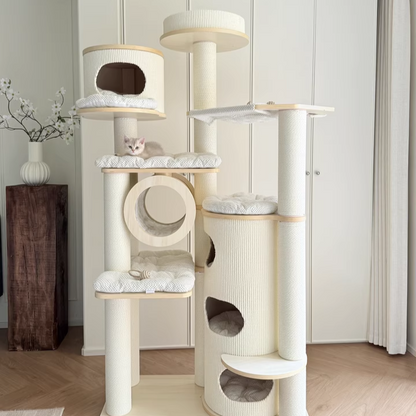 Contemporary Scandinavian Round Plywood Fiberboard Paper Rope Paper Tube Corduroy Cat Tree 7-Tier For Living Room