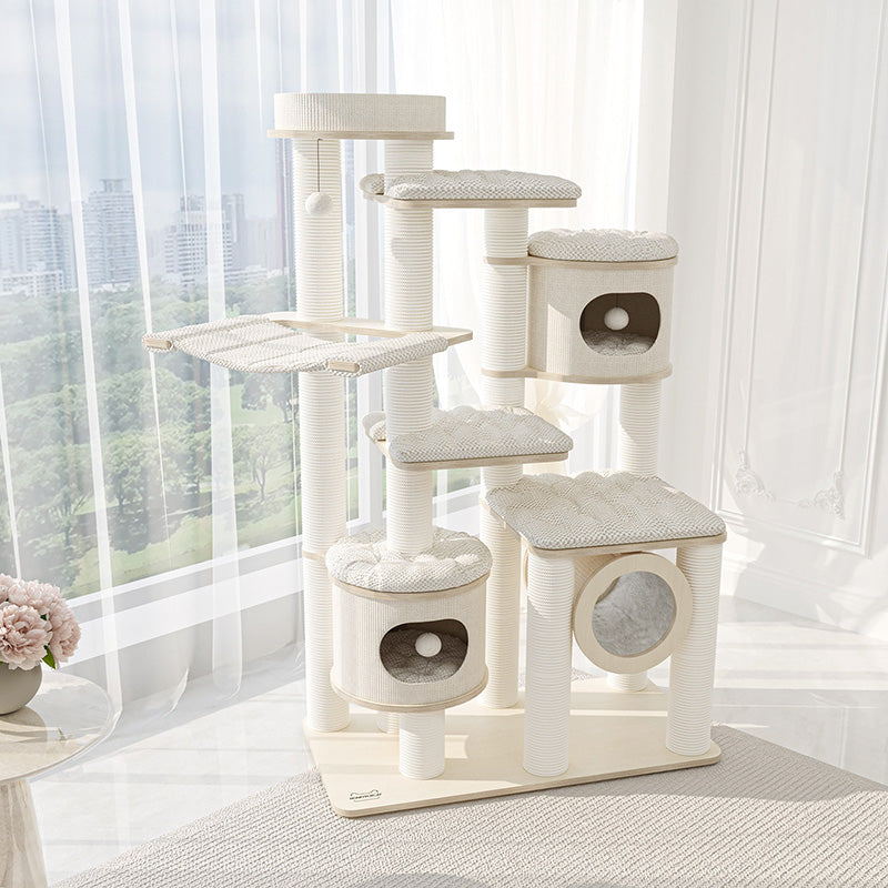 Contemporary Scandinavian Round Plywood Fiberboard Paper Rope Paper Tube Corduroy Cat Tree 7-Tier For Living Room