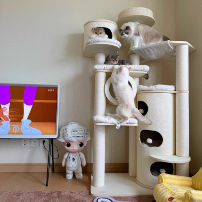Contemporary Scandinavian Round Plywood Fiberboard Paper Rope Paper Tube Corduroy Cat Tree 7-Tier For Living Room