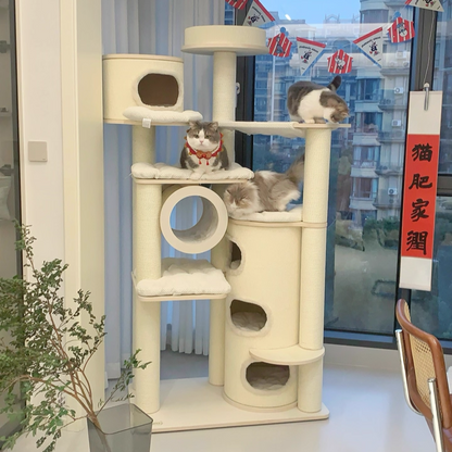 Contemporary Scandinavian Round Plywood Fiberboard Paper Rope Paper Tube Corduroy Cat Tree 7-Tier For Living Room