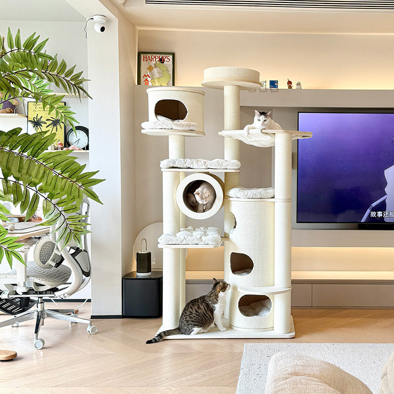 Contemporary Scandinavian Round Plywood Fiberboard Paper Rope Paper Tube Corduroy Cat Tree 7-Tier For Living Room