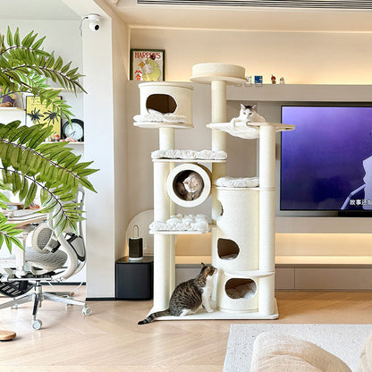 Contemporary Scandinavian Round Plywood Fiberboard Paper Rope Paper Tube Corduroy Cat Tree 7-Tier For Living Room