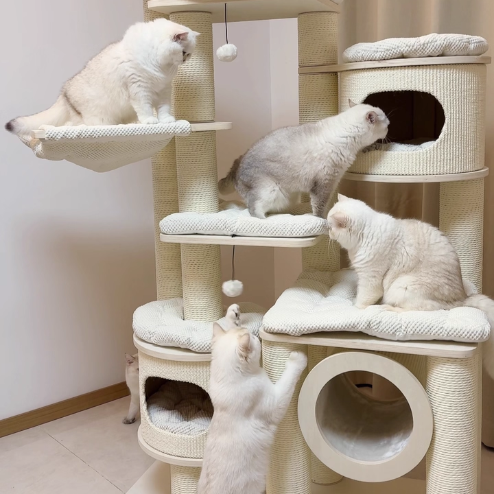 Contemporary Scandinavian Round Plywood Fiberboard Paper Rope Paper Tube Corduroy Cat Tree 7-Tier For Living Room