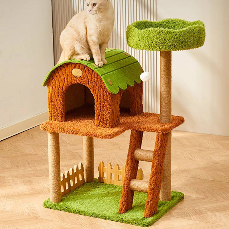 Contemporary Creative Rectangular Medium-Density Fiberboard Velvet Felt Sisal Tree House Cat Tree 2/3/4-Tier For Living Room