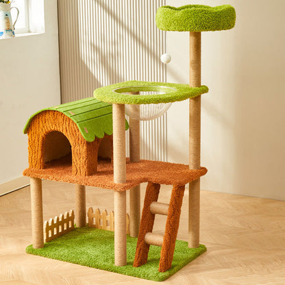 Contemporary Creative Rectangular Medium-Density Fiberboard Velvet Felt Sisal Tree House Cat Tree 2/3/4-Tier For Living Room