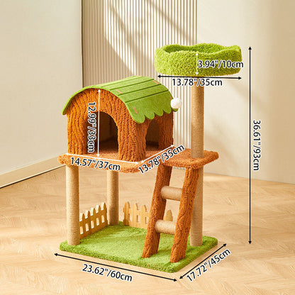 Contemporary Creative Rectangular Medium-Density Fiberboard Velvet Felt Sisal Tree House Cat Tree 2/3/4-Tier For Living Room