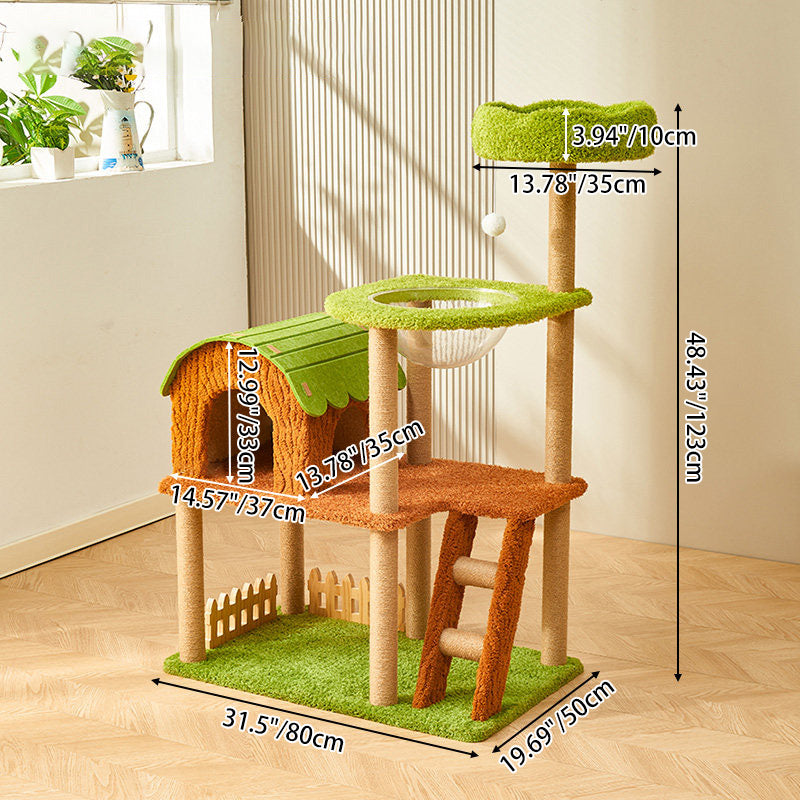Contemporary Creative Rectangular Medium-Density Fiberboard Velvet Felt Sisal Tree House Cat Tree 2/3/4-Tier For Living Room