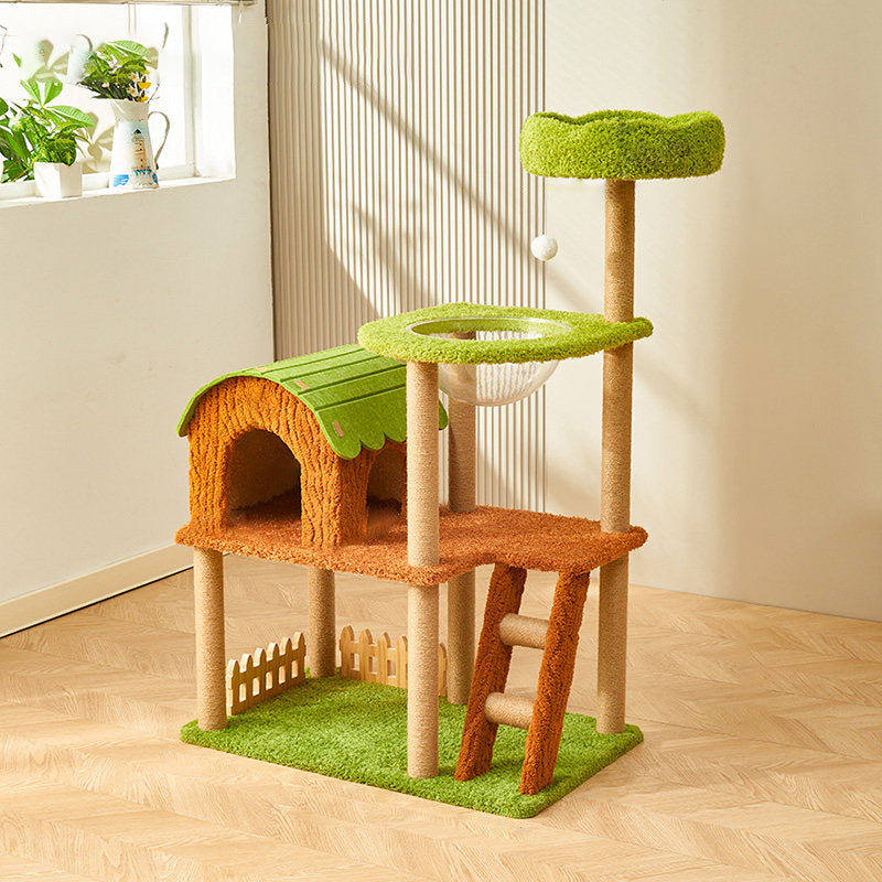 Contemporary Creative Rectangular Medium-Density Fiberboard Velvet Felt Sisal Tree House Cat Tree 2/3/4-Tier For Living Room