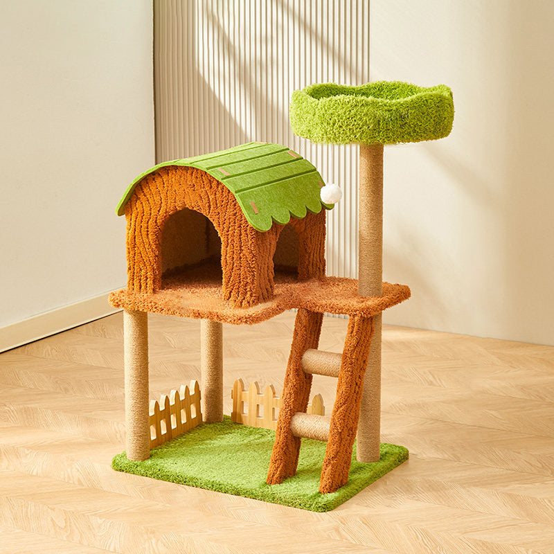 Contemporary Creative Rectangular Medium-Density Fiberboard Velvet Felt Sisal Tree House Cat Tree 2/3/4-Tier For Living Room