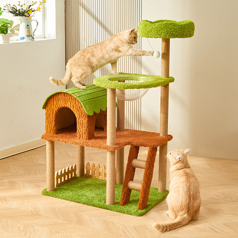 Contemporary Creative Rectangular Medium-Density Fiberboard Velvet Felt Sisal Tree House Cat Tree 2/3/4-Tier For Living Room