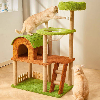 Contemporary Creative Rectangular Medium-Density Fiberboard Velvet Felt Sisal Tree House Cat Tree 2/3/4-Tier For Living Room