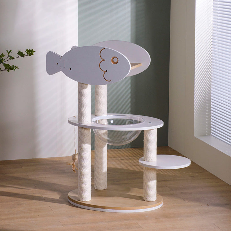 Contemporary Scandinavian Round Plywood PVC Acrylic Kraft Paper Rope Cat Tree 3-Tier For Living Room