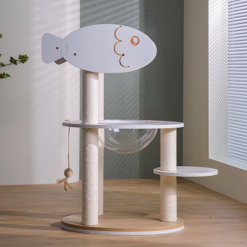 Contemporary Scandinavian Round Plywood PVC Acrylic Kraft Paper Rope Cat Tree 3-Tier For Living Room