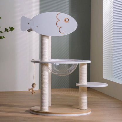 Contemporary Scandinavian Round Plywood PVC Acrylic Kraft Paper Rope Cat Tree 3-Tier For Living Room