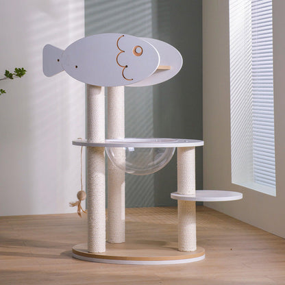 Contemporary Scandinavian Round Plywood PVC Acrylic Kraft Paper Rope Cat Tree 3-Tier For Living Room