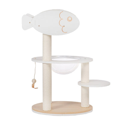 Contemporary Scandinavian Round Plywood PVC Acrylic Kraft Paper Rope Cat Tree 3-Tier For Living Room