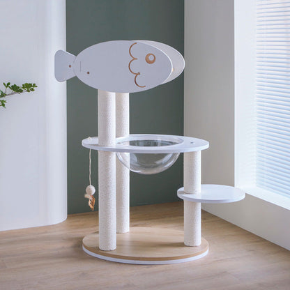 Contemporary Scandinavian Round Plywood PVC Acrylic Kraft Paper Rope Cat Tree 3-Tier For Living Room