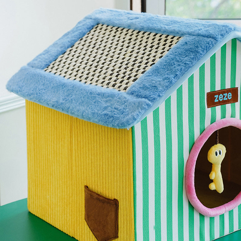 Contemporary Creative Square Medium-Density Fiberboard Velvet Linen Enclosed Foldable Cat Bed For Bedroom