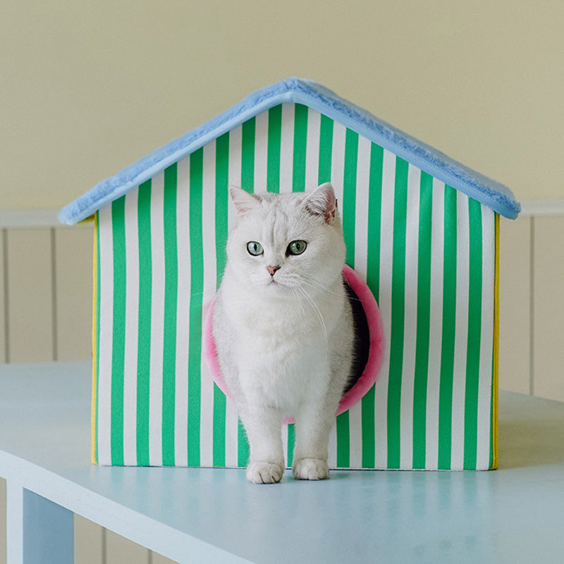 Contemporary Creative Square Medium-Density Fiberboard Velvet Linen Enclosed Foldable Cat Bed For Bedroom