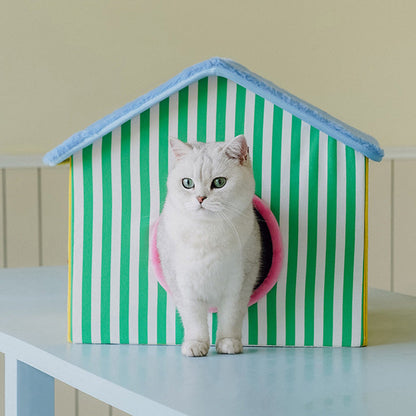 Contemporary Creative Square Medium-Density Fiberboard Velvet Linen Enclosed Foldable Cat Bed For Bedroom